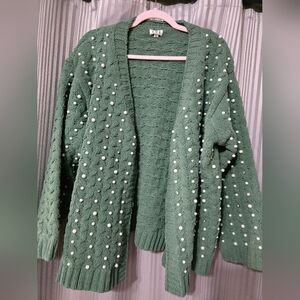 POL Green Pearl-Studded Cardigan